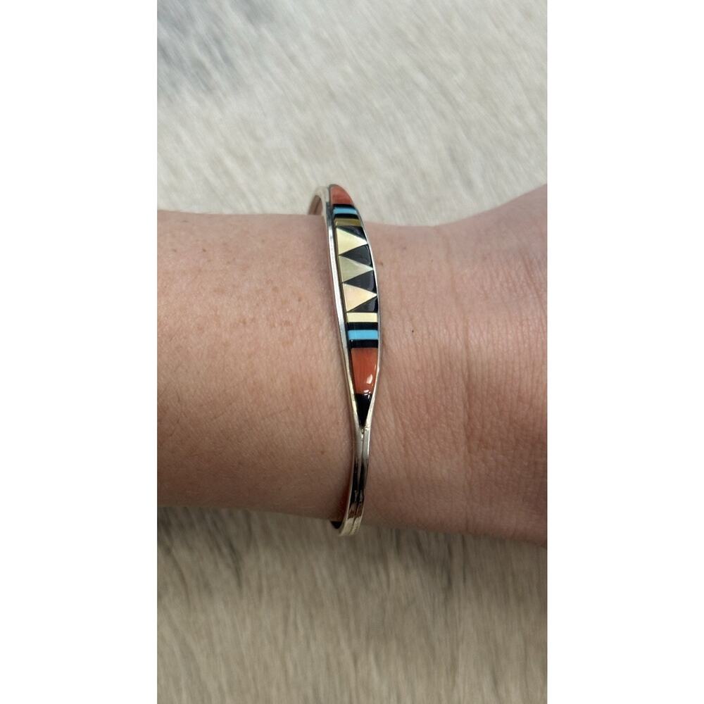 Vintage Sterling Silver Zuni Cena Inlaid Turquoise Onyx Coral Cuff Bracelet - Picture 3 of 8